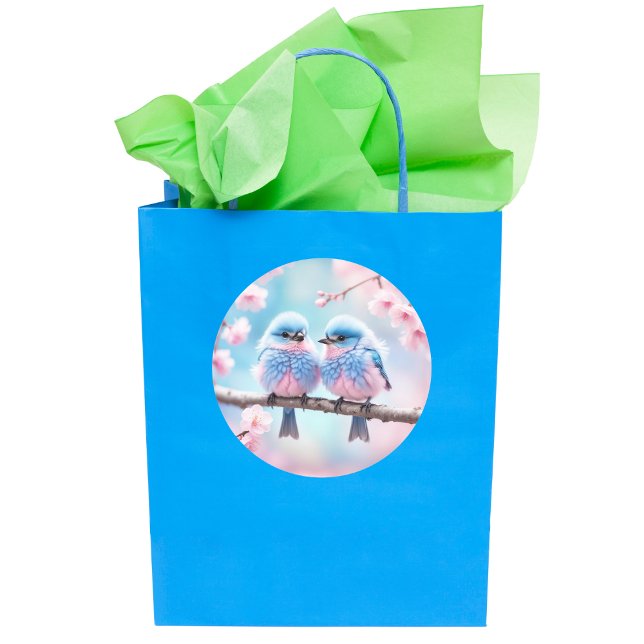 Pegatina Redonda Fluffy Bluebirds y Cherry Blossom Baby Shower (A sweet pastel birds sticker to decorate your gift bag or scrapbook.)