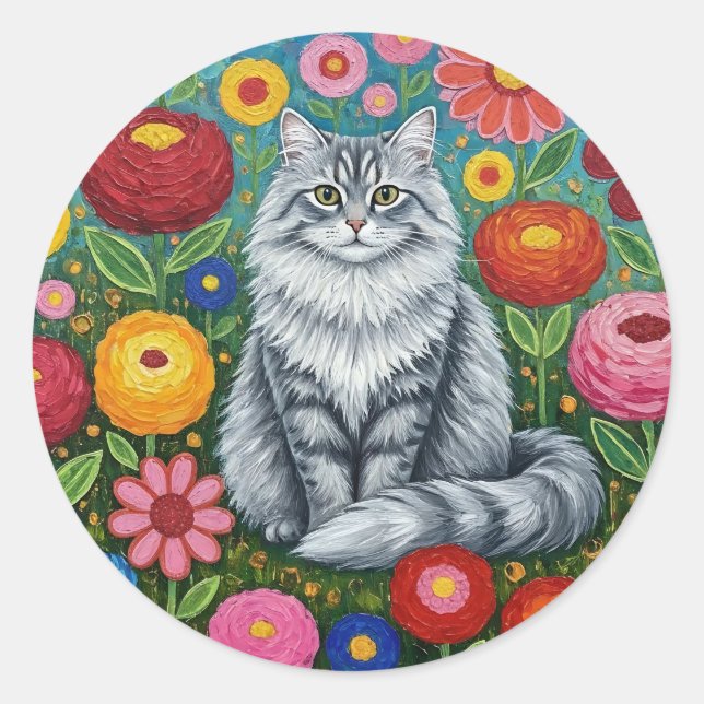 Pegatina Redonda Fluffy Gray Striped Cat with Folk Art Flowers (Anverso)