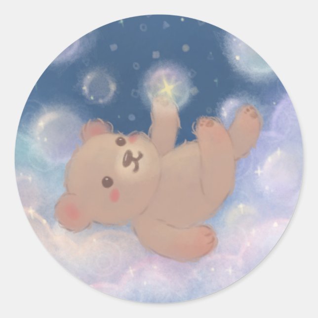 Pegatina Redonda Fluffy Teddy Bear Floating on Clouds (Anverso)