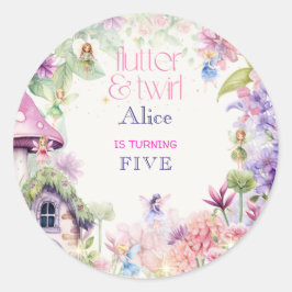 Pegatina Redonda Flutter y twirt Fairy garden watercolor cumpleaños