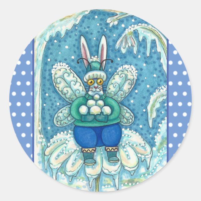PEGATINA REDONDA FLUTTERBUN WINTER WONDERLAND, FUNNY BUNNY RABBIT (Anverso)