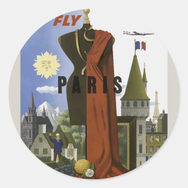 Pegatina Redonda Fly Paris Francia Vintage Travel Poster (Anverso)