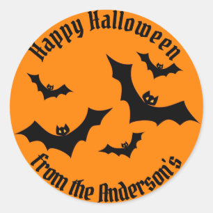 Pegatina Redonda Flying Bats Happy Halloween Fiesta