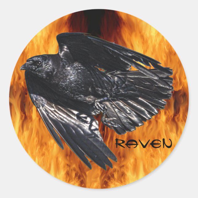 Pegatina Redonda Flying Black Raven & Flames Photo Design 7 (Anverso)