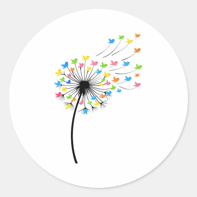 Pegatina Redonda Flying colorful birds dandelion flow (Anverso)