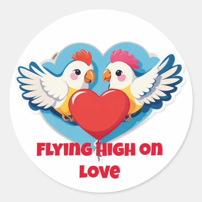 Pegatina Redonda Flying High on Love – Balloon-Holding Lovebirds (Anverso)