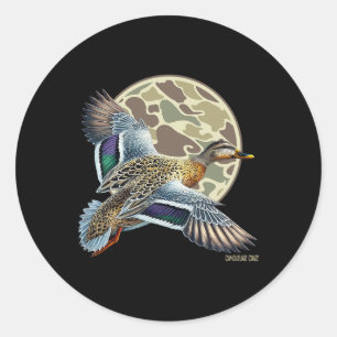 Pegatina Redonda Flying Mottled Duck Camouflage Camo Caza de Patos