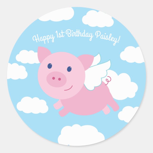 Pegatina Redonda Flying Pig Cute Primer Cumpleaños Gracias (Anverso)