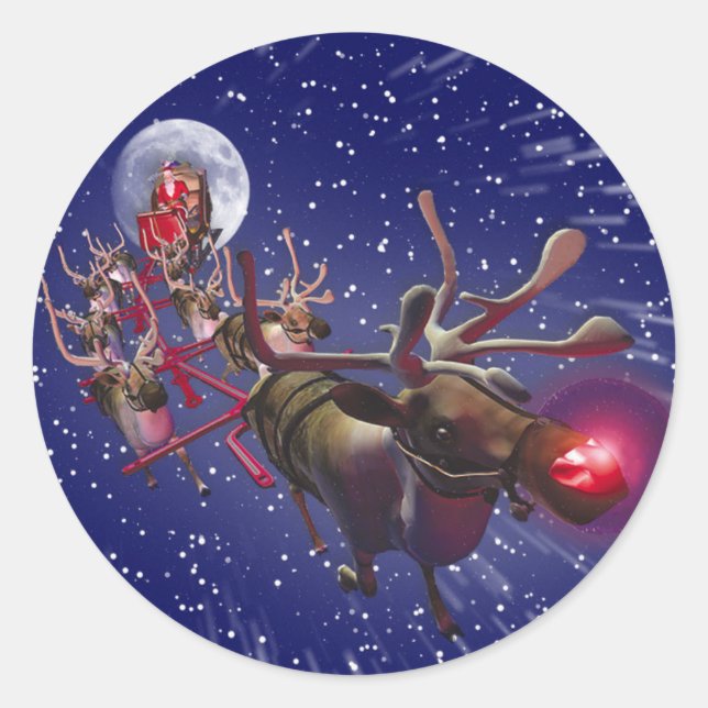 Pegatina Redonda Flying Santa Claus Red Nosed Reindeer (Anverso)