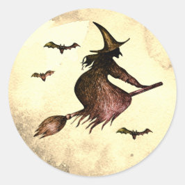 Pegatina Redonda Flying Witch Broom Full Moon Bats