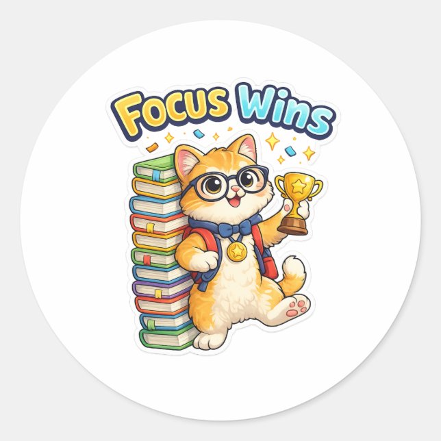 Pegatina Redonda Focus Wins Cute Study Cat Sticker (Anverso)