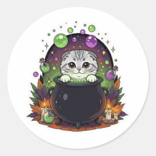 Pegatina Redonda Fold Cauldron - Halloween de Bruja de Plego Escoce