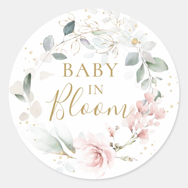 Pegatina Redonda Foliage Baby Shower de color rosa verde (Anverso)