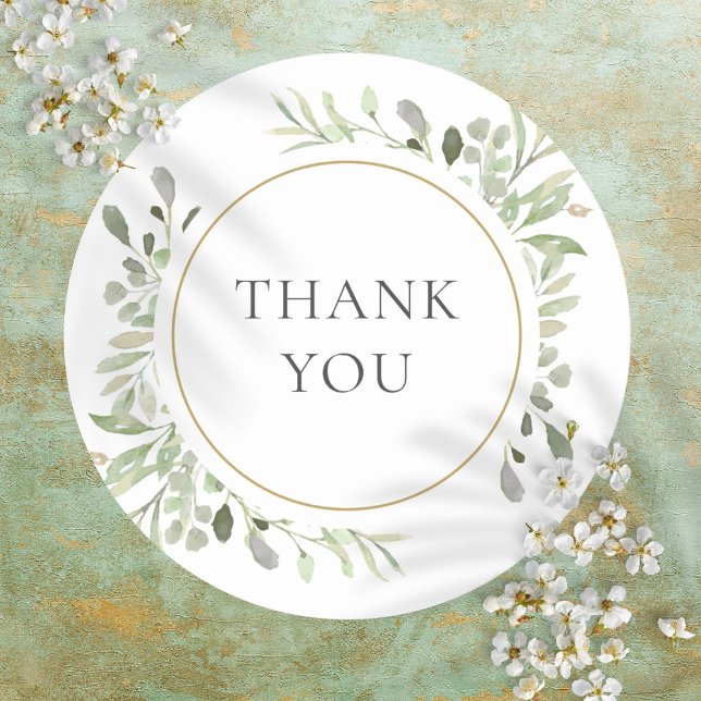 Pegatina Redonda Foliage de la vegetación botánica Gracias (Botanical Greenery Foliage Thank You Classic Round Sticker)