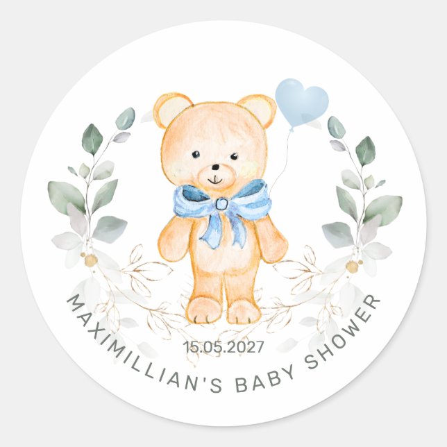 Pegatina Redonda Foliage de Teddy Bear Boy Greenerenery Baby Shower (Anverso)