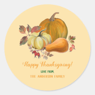 Pegatina Redonda Foliage Happy Thankding Fall Harvest Pumpkins