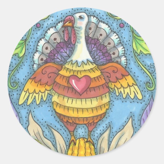 PEGATINA REDONDA FOLK ART TURKEY, GRACIAS A LOS PEGATINAS DE AVES (Anverso)