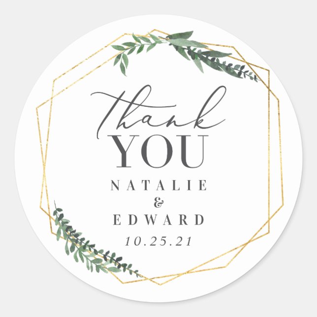 Pegatina Redonda follaje de acuarela geométrica de oro (Anverso)