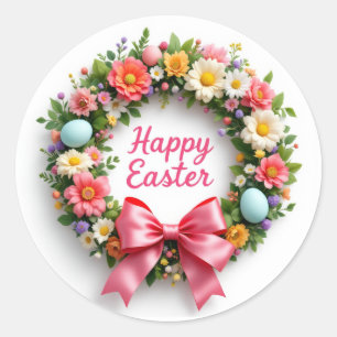 Pegatina Redonda Folleto de corona de Pascua feliz