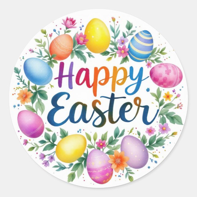 Pegatina Redonda Folleto de corona de Pascua feliz (Anverso)