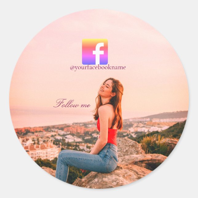 Pegatina Redonda follow us facebook username social media photo  (Anverso)