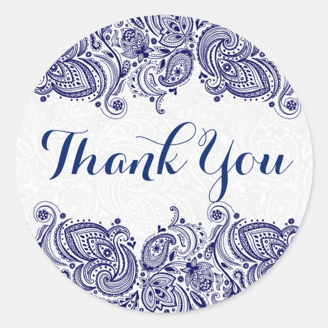 Pegatina Redonda Fondo azul floral paisley blanco (Anverso)