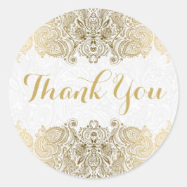 Pegatina Redonda Fondo blanco del Ornate Gold Paisley
