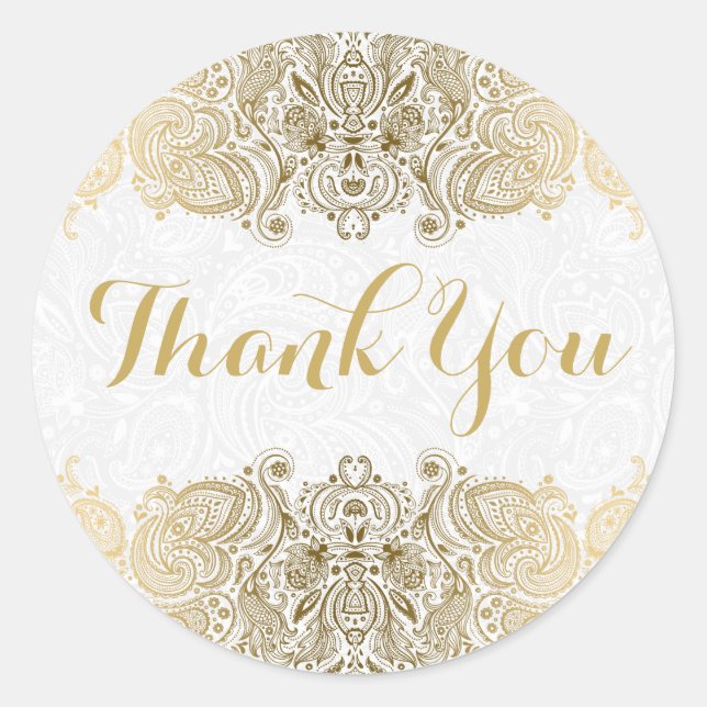Pegatina Redonda Fondo blanco del Ornate Gold Paisley (Anverso)