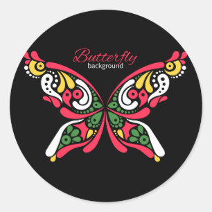 Pegatina Redonda Fondo con hermosa mariposa. Ilustración del tatuaj