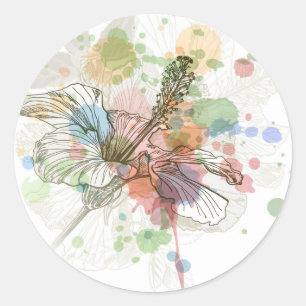 Pegatina Redonda Fondo de flores y acuarelas de Hibiscus