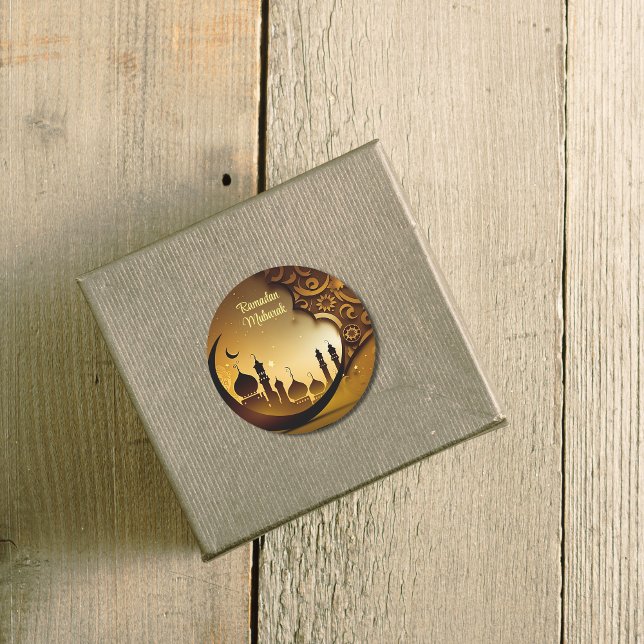 Pegatina Redonda Fondo de la mezquita nocturna Ramadan Mubarak (Subido por el creador)