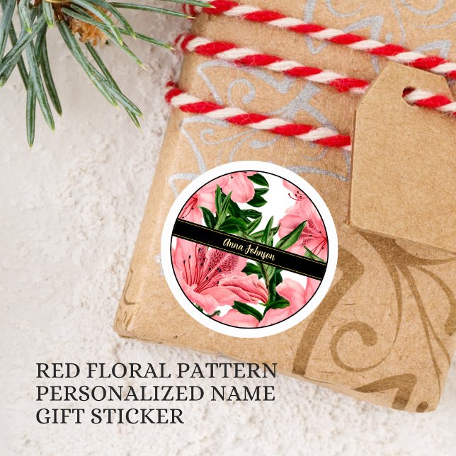 Pegatina Redonda Fondo Floral Rojo Elegante con Nombre Personalizad (Subido por el creador)
