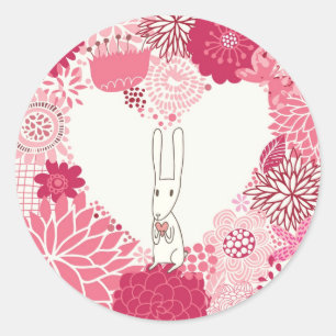 Pegatina Redonda Fondo floral romántico con el conejo lindo