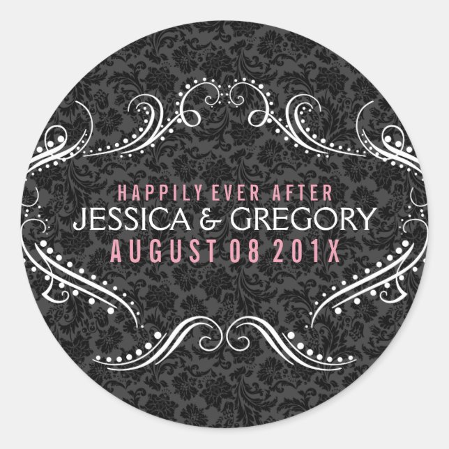 Pegatina Redonda Fondo negro con marco floral blanco (Anverso)