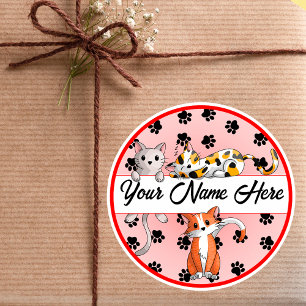 Pegatina Redonda Fondo rojo con gatitos Cute