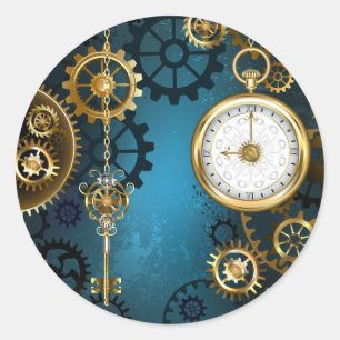 Pegatina Redonda Fondo turquesa de estilo steampunk con engranajes