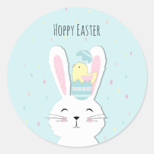 Pegatina Redonda Fondo turquesa del conejito de Pascua
