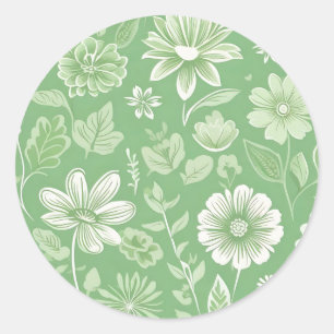 Pegatina Redonda Fondo verde claro con flores vintage