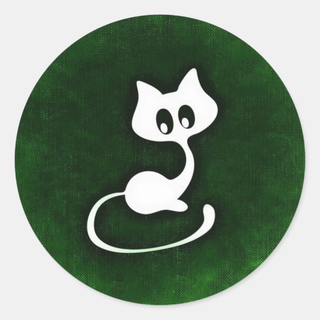 Pegatina Redonda Fondo verde del gato blanco (Anverso)