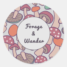 Pegatina Redonda Forage & Wander Patrón Retro Otoño Micelio