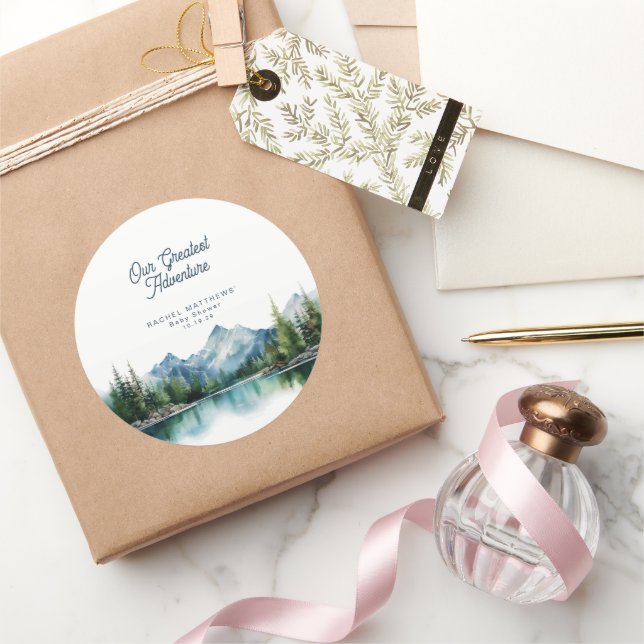 Pegatina Redonda Forest Mountain Rustic Adventure Baby Shower  (Regalar)
