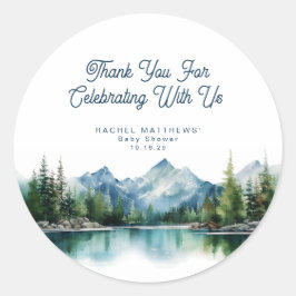 Pegatina Redonda Forest Mountain Rustic Adventure Baby Shower 