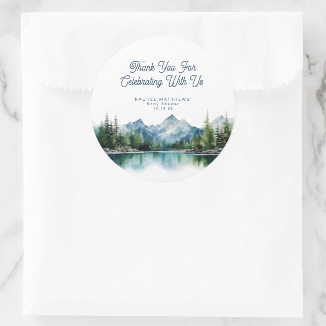 Pegatina Redonda Forest Mountain Rustic Adventure Baby Shower  (Bolso)