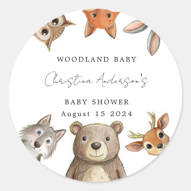 Pegatina Redonda Forest Woodland Animals Travel Baby Shower (Anverso)
