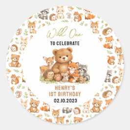 Pegatina Redonda Forest Woodland Animals Wild One 1st Birthday