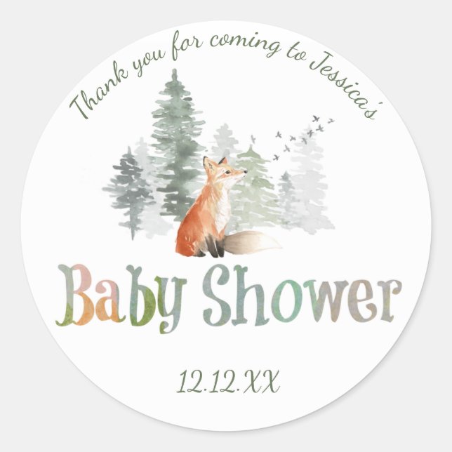 Pegatina Redonda Forest Woodland Fox Baby Shower (Anverso)