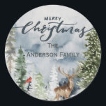 Pegatina Redonda Forest Woodland Merry Christmas Family Name<br><div class="desc">Añade un toque perfecto a tus sobres, favores de fiesta o regalos de Navidad con nuestros pegatinas de nombres de familia navideños navideños en el bosque navideño. Personaliza con tu apellido o el texto de tu elección para crear un pegatina de la clase que tus amigos y familia seguramente amarán....</div>