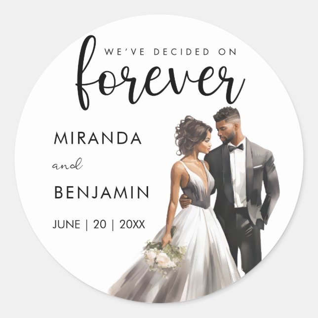 Pegatina Redonda Forever Boda Black Bride Groom Watercolor (Anverso)