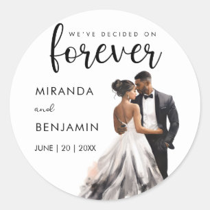 Pegatina Redonda Forever Boda Black Bride Groom Watercolor
