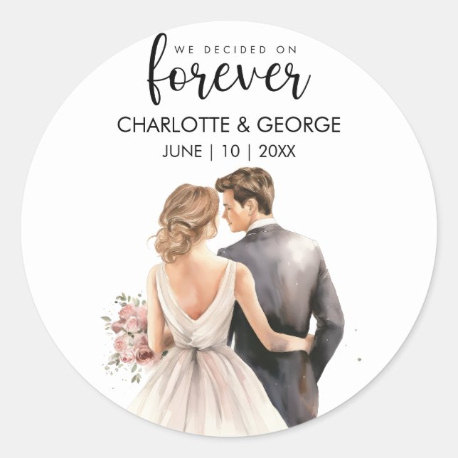 Pegatina Redonda Forever Boda Bride Groom Back Watercolor (Anverso)